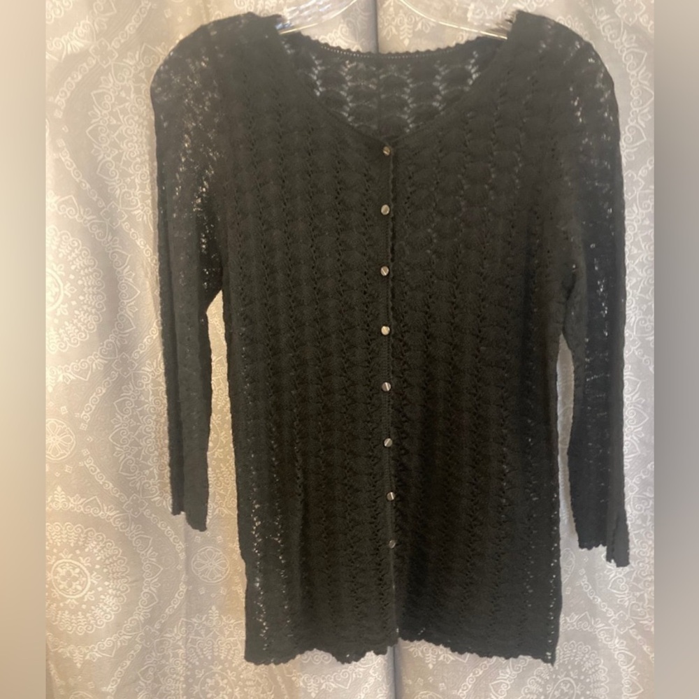 Luxury Black Crocheted Sheer Cardigan w/ 3/4 Length Sleeve NWOT Size S.
